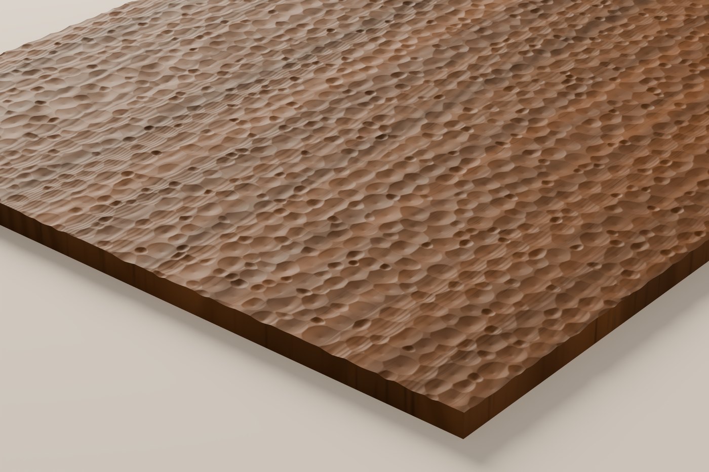 Bush-hammered CNC carving texture rendered in walnut, seen at an angle