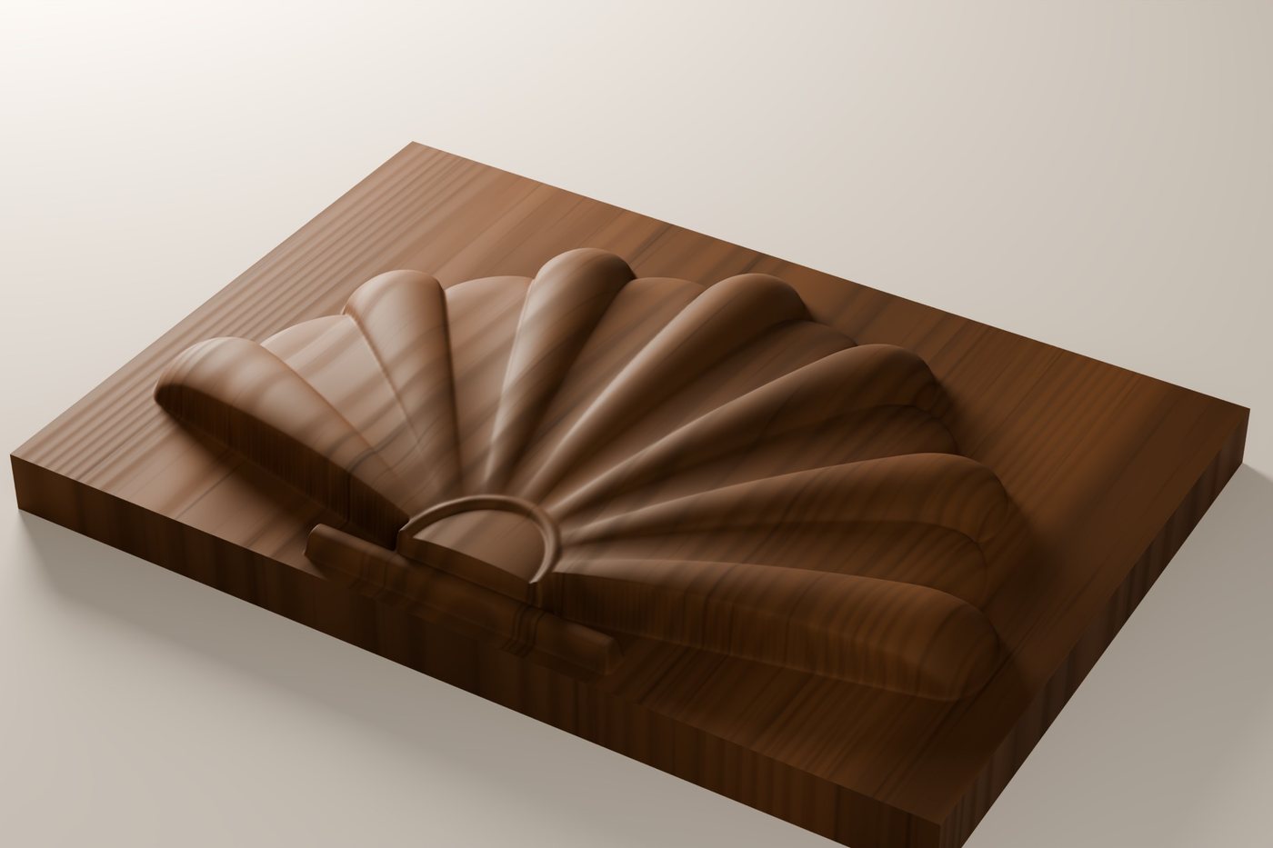 Chippendale Shell CNC carving file rendered in walnut, seen at an angle