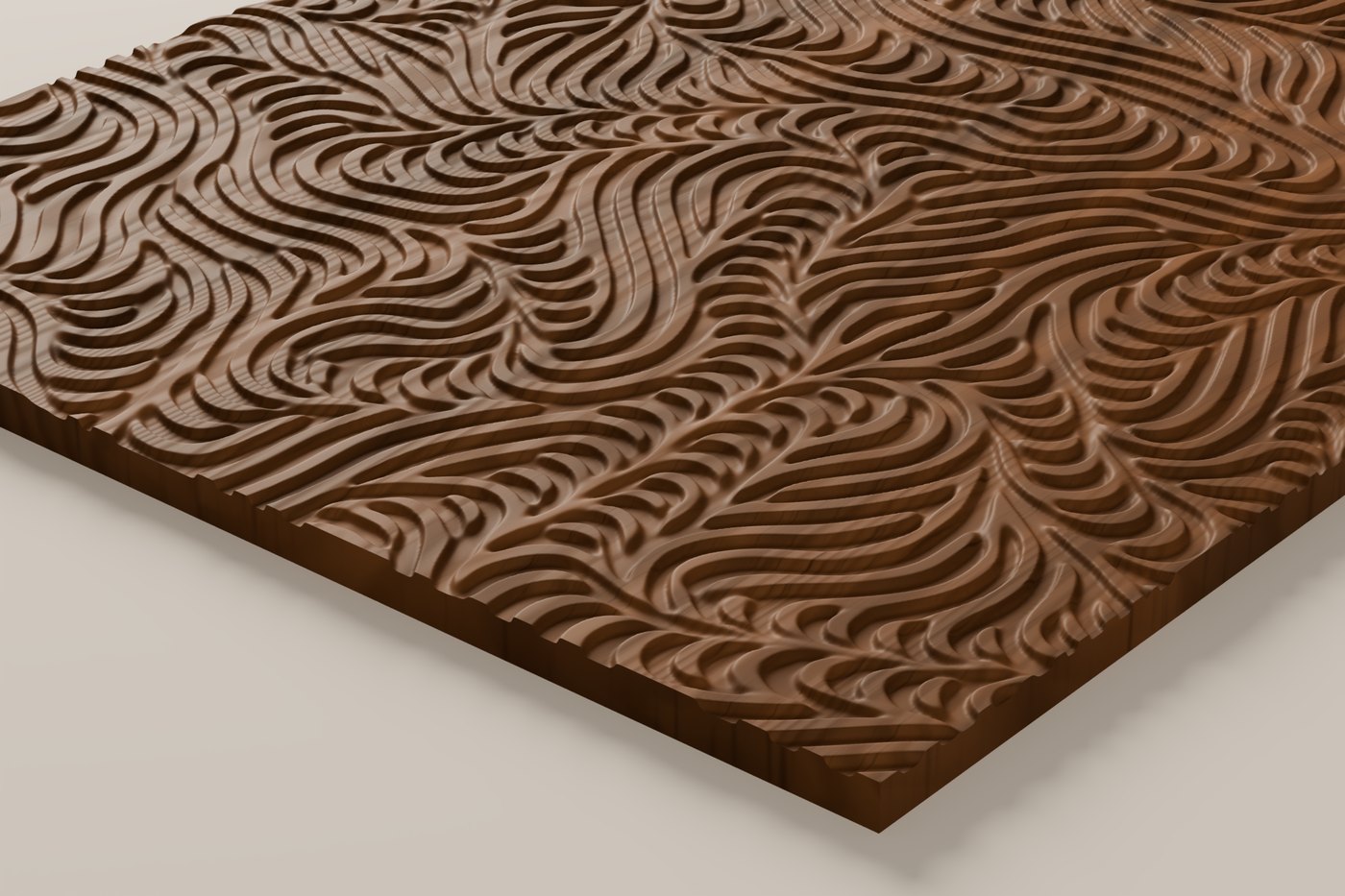 Current CNC carving texture rendered in walnut, seen at an angle