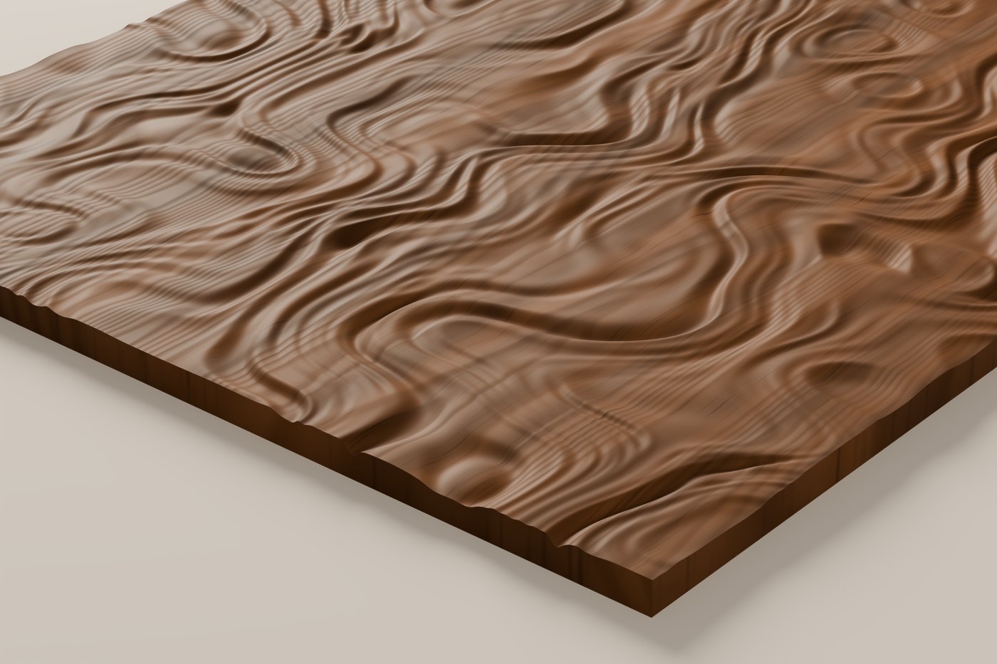 Drape CNC carving texture rendered in walnut, seen at an angle
