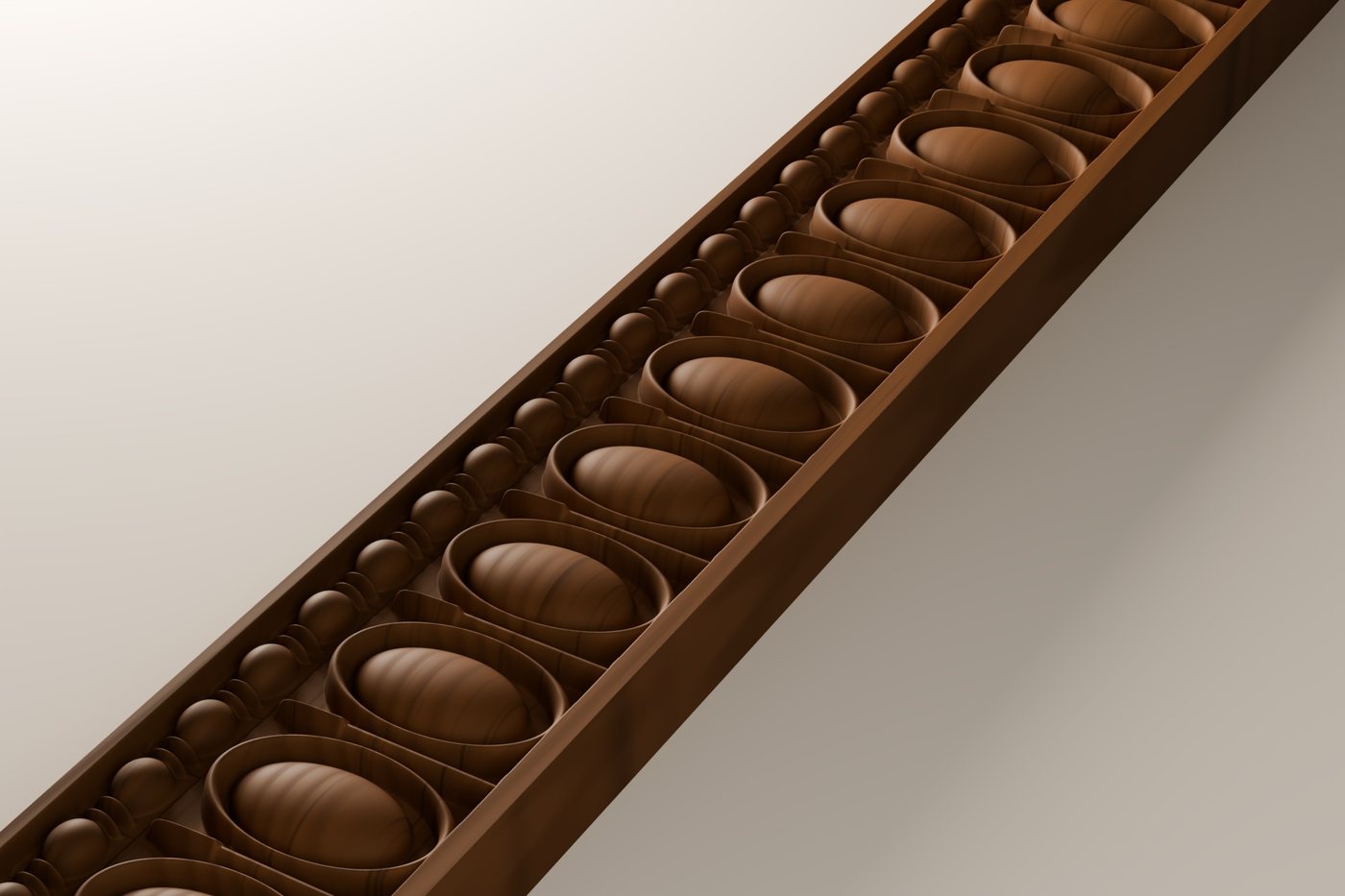 Egg and Dart CNC carving file rendered in walnut, seen at an angle