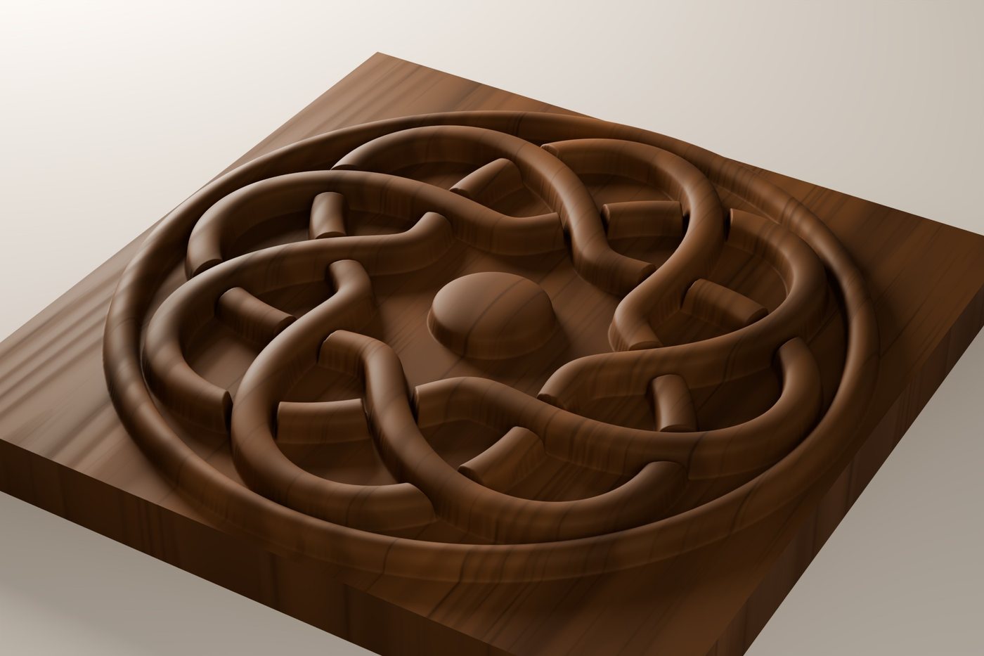 Knot Medallion CNC carving file rendered in walnut, seen at an angle