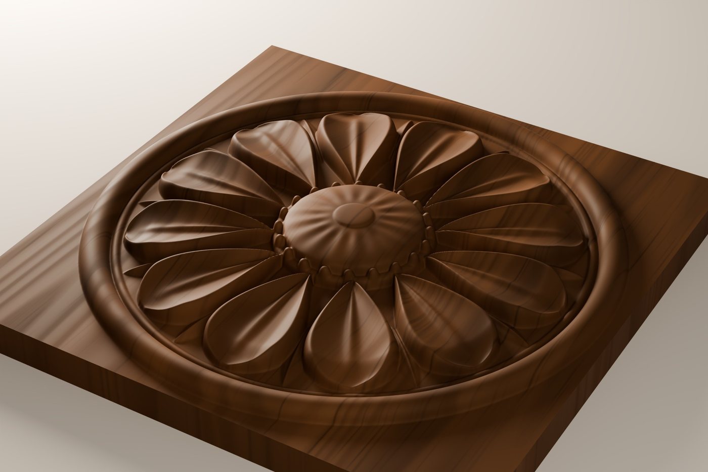 Petal Rosette CNC carving file rendered in walnut, seen at an angle