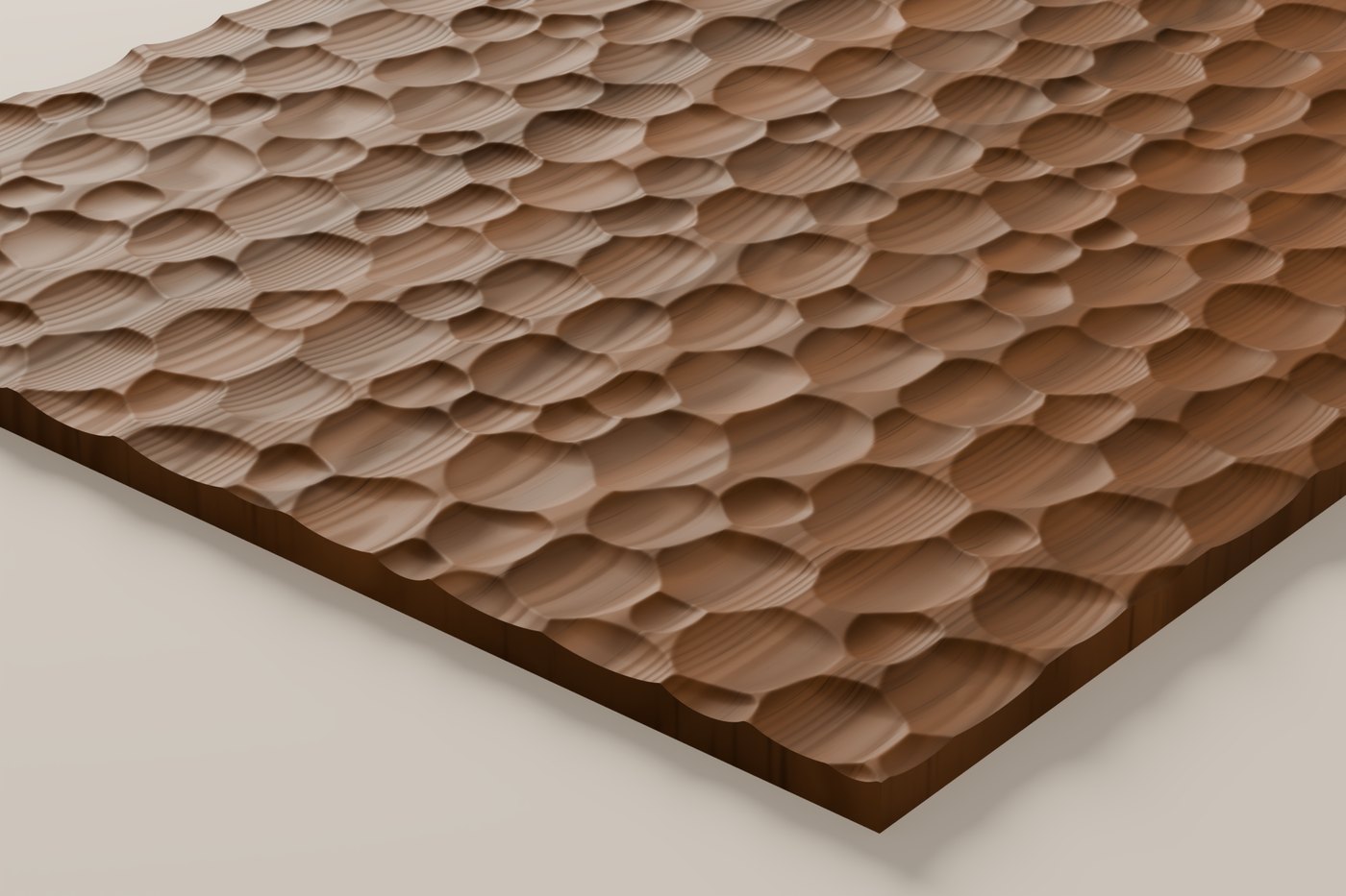Scallop CNC carving texture rendered in walnut, seen at an angle