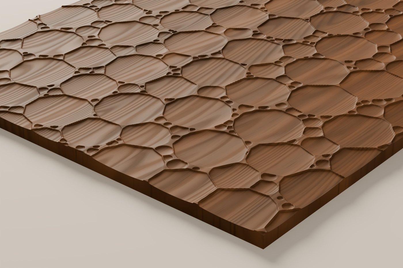Sea foam CNC carving texture rendered in walnut, seen at an angle