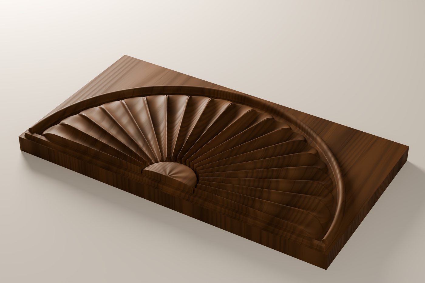 Sunburst Fan CNC carving file rendered in walnut, seen at an angle