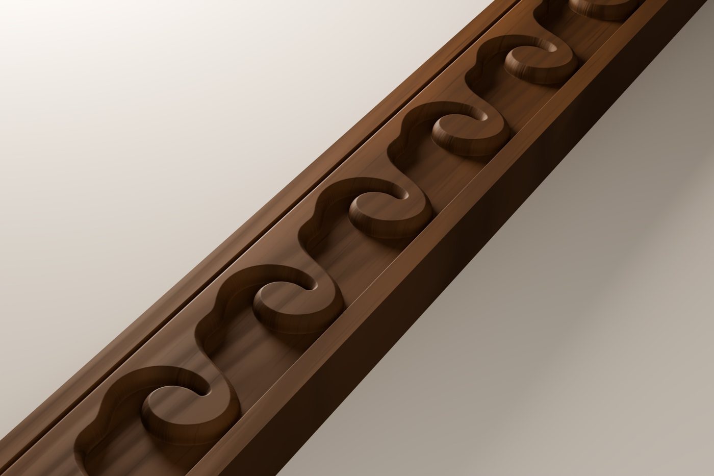 Wave Scroll CNC carving file rendered in walnut, seen at an angle